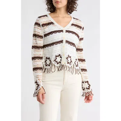 Forgotten Grace Floral Open Knit Button-up Sweater In White