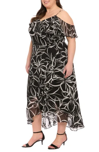 London Times Cold Shoulder Wrap Maxi Dress In Black