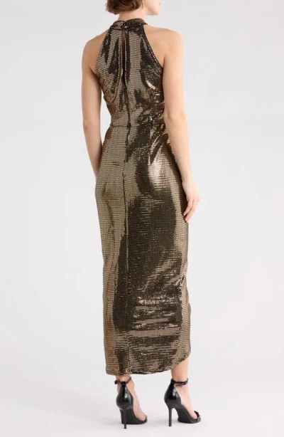 Julia Jordan Knot Neck Tulip Hem Metallic Dress In Brown
