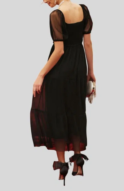 Blu Pepper Organza Puff Sleeve Tiered Midi Dress In Black