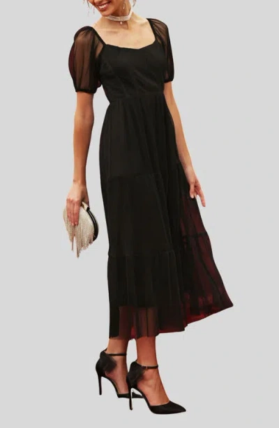 Blu Pepper Organza Puff Sleeve Tiered Midi Dress In Black