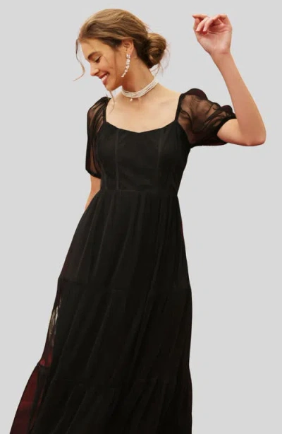Blu Pepper Organza Puff Sleeve Tiered Midi Dress In Black