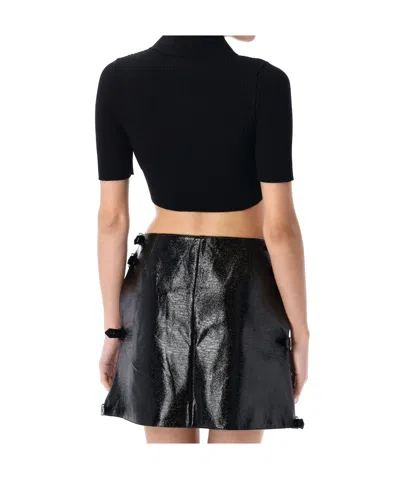 Courrèges Logo Patch Ribbed-knit Cropped Polo Top In Black