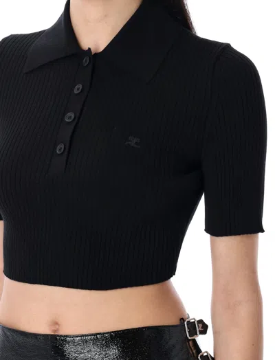 Courrèges Logo Patch Ribbed-knit Cropped Polo Top In Black
