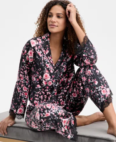 Inc International Concepts Women's Long Sleeve Lace Trim Boxy Satin Notch Set, Created For Macy's In Black