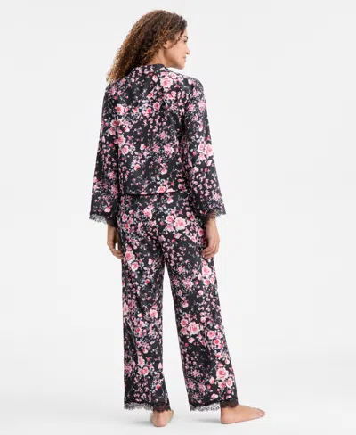 Inc International Concepts Women's Long Sleeve Lace Trim Boxy Satin Notch Set, Created For Macy's In Black