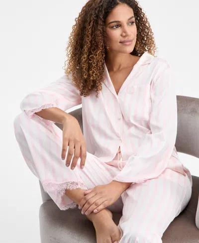 Inc International Concepts Women's Long Sleeve Lace Trim Boxy Satin Notch Set, Created For Macy's In Gray