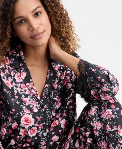 Inc International Concepts Women's Long Sleeve Lace Trim Boxy Satin Notch Set, Created For Macy's In Black