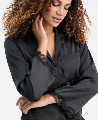 Inc International Concepts Women's Long Sleeve Lace Trim Boxy Satin Notch Set, Created For Macy's In Black
