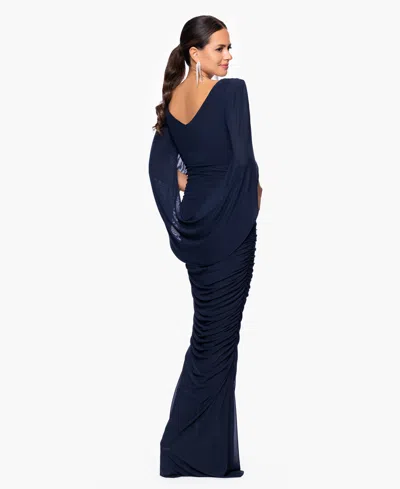 Betsy & Adam Women's Mesh Cape V-neck Gown Dress In Blue