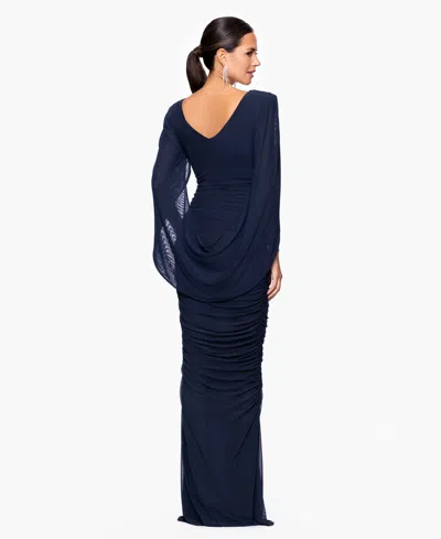 Betsy & Adam Women's Mesh Cape V-neck Gown Dress In Blue