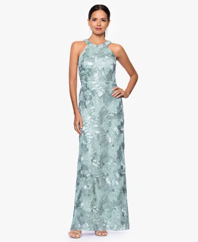 Betsy & Adam Petite Sleeveless Floral Sequin Sheath Gown In Green