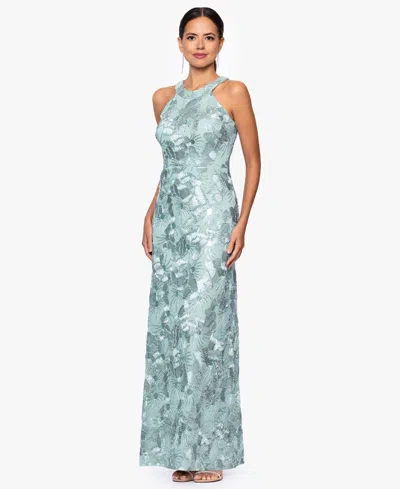 Betsy & Adam Petite Sleeveless Floral Sequin Sheath Gown In Green