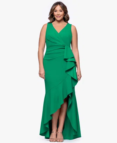 Betsy & Adam Plus Size Sleeveless Ruffled High-low Gown In Green