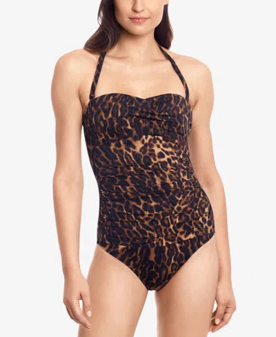 Ralph Lauren Ocelot-print Strapless Underwire Tummy Control One-piece Swimsuit In Brown