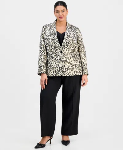 Tahari Asl Plus Size Leopard-print Blazer In Gray