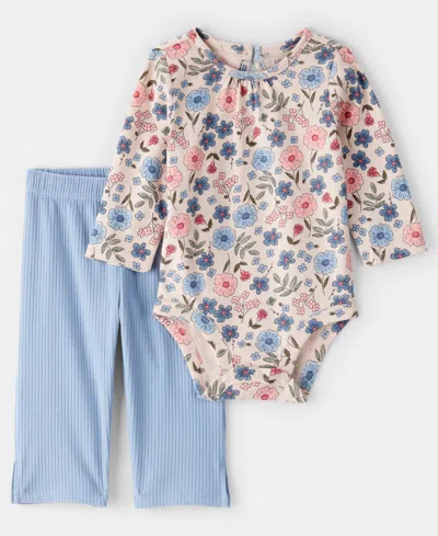 Carter's Baby Girls 2-piece Floral Print Bodysuit And Pants Set In Blue