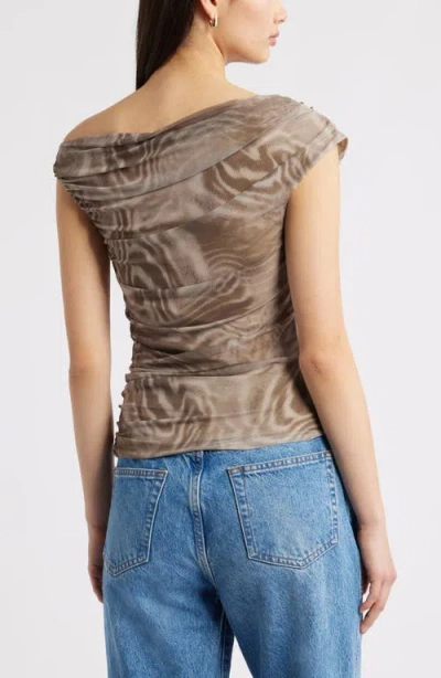 Open Edit Cap Sleeve Mesh Top In Brown