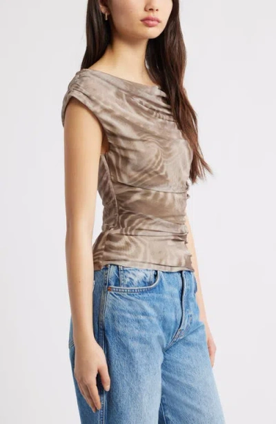 Open Edit Cap Sleeve Mesh Top In Brown