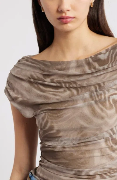 Open Edit Cap Sleeve Mesh Top In Brown