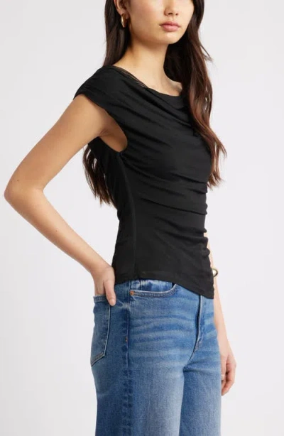 Open Edit Cap Sleeve Mesh Top In Black