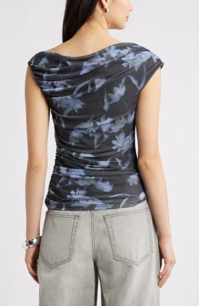 Open Edit Cap Sleeve Mesh Top In Blue