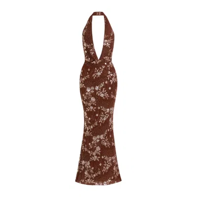 Date Boutique Women's Brown Deep Plunge Sequin Halter Maxi Dress In Brown