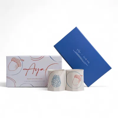 Aya Porcelain Blue / Red / White Holiday Winter Nature Mug Set Pinecone And Acorn In Multi