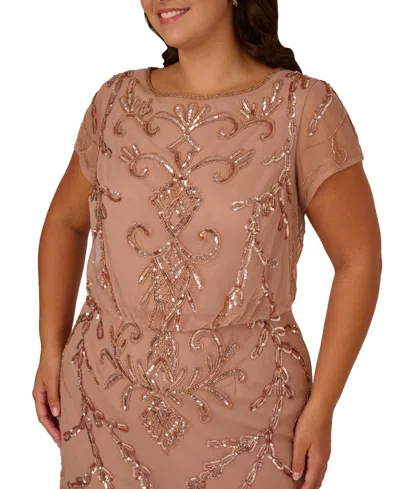 Adrianna Papell Plus Size Bead Blouson Boat Neck Long Dress In Brown