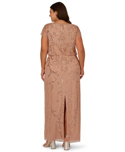 Adrianna Papell Plus Size Bead Blouson Boat Neck Long Dress In Brown