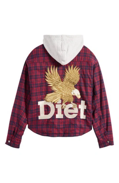 Diet Starts Monday Eagle Hooded Plaid Snap-up Flannel Shirt Jacket In Red