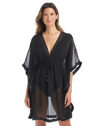 Bleu Rod Beattie Rod Beattie Fringe Trim Sheer Cover-up Caftan In Black