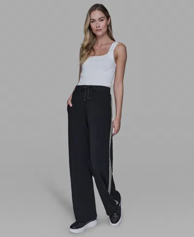 Karl Lagerfeld Women's Imitation Pearl Trim Mid Rise Track Pants In Black