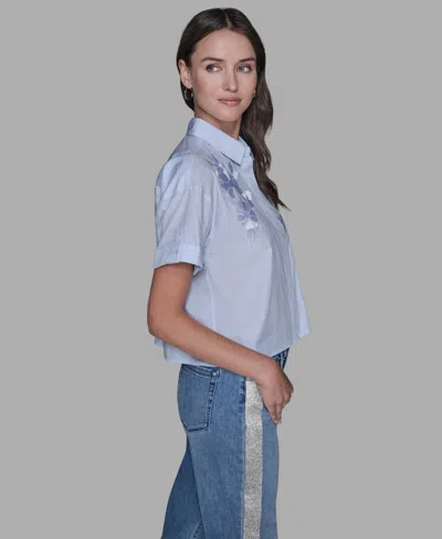 Karl Lagerfeld Women's Short-sleeve Striped Floral Poplin Blouse