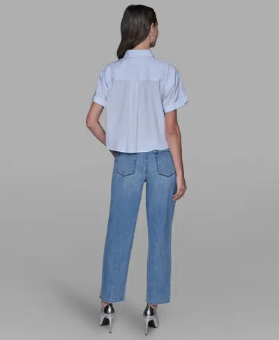 Karl Lagerfeld Women's Short-sleeve Striped Floral Poplin Blouse