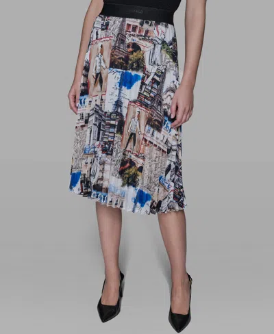 Karl Lagerfeld Women's City Scene Print Pull-on Pleated Skirt In Blue