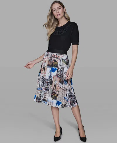 Karl Lagerfeld Women's City Scene Print Pull-on Pleated Skirt In Blue