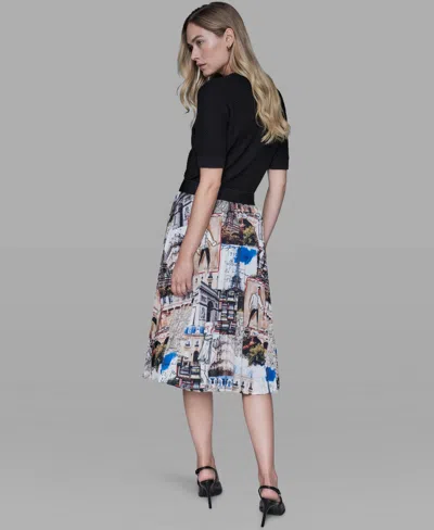 Karl Lagerfeld Women's City Scene Print Pull-on Pleated Skirt In Blue