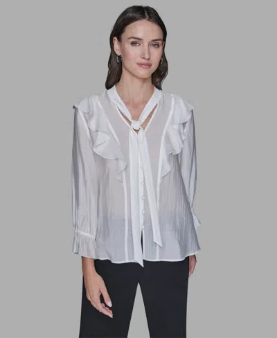 Karl Lagerfeld Women's Mock Neck Solid Organza Blouse In White