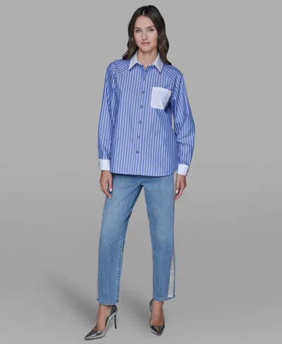 Karl Lagerfeld Women's Stripe Contrast Front Button Collar Blouse In Blue