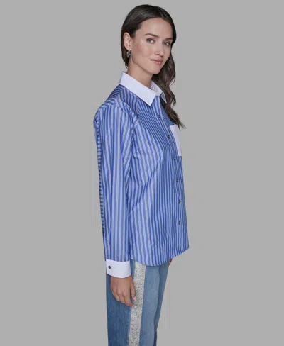 Karl Lagerfeld Women's Stripe Contrast Front Button Collar Blouse In Blue