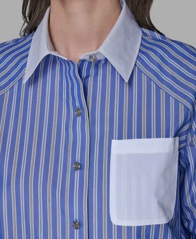 Karl Lagerfeld Women's Stripe Contrast Front Button Collar Blouse In Blue