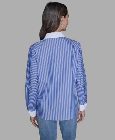 Karl Lagerfeld Women's Stripe Contrast Front Button Collar Blouse In Blue
