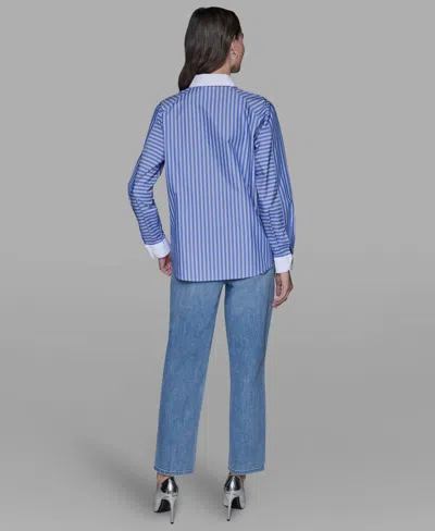 Karl Lagerfeld Women's Stripe Contrast Front Button Collar Blouse In Blue