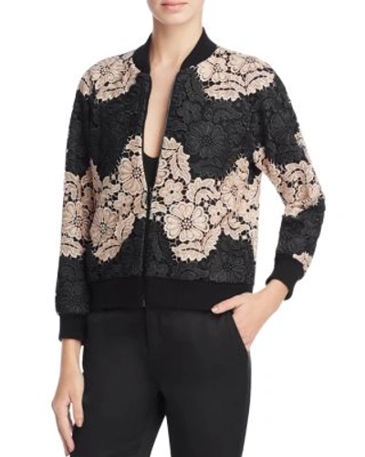Alice And Olivia 'felisa' Floral Guipure Lace Bomber Jacket In Black/nude Pink