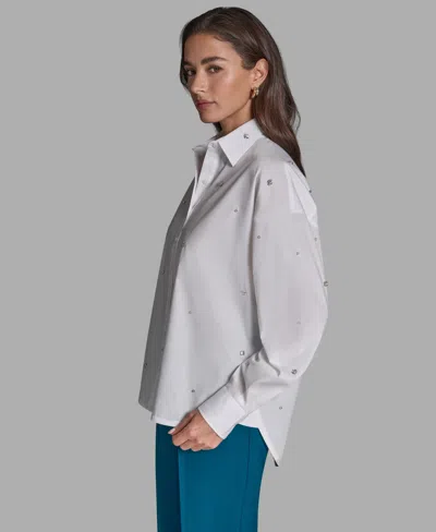 Bcbg Women's Rhinestone Button-down Collared Top In White