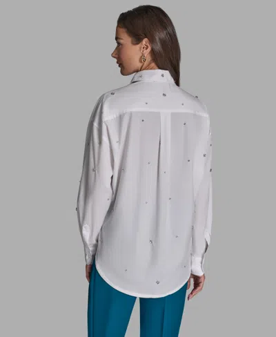 Bcbg Women's Rhinestone Button-down Collared Top In White