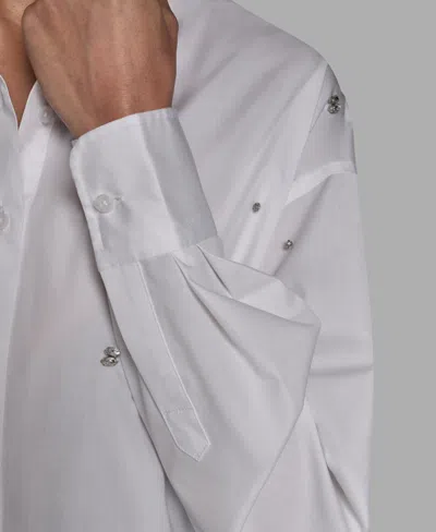 Bcbg Women's Rhinestone Button-down Collared Top In White