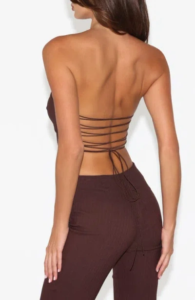 Tiger Mist Gwendolyn Pinstripe Lace-up Strapless Top In Burgundy