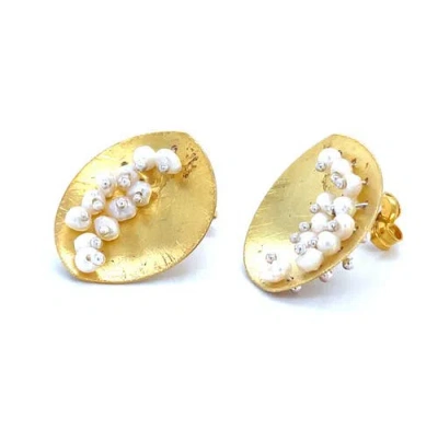 Esin Akan Leaf Mars Earring, Sterling Silver With Gold Plate And Fresh Water Pearls In Gold